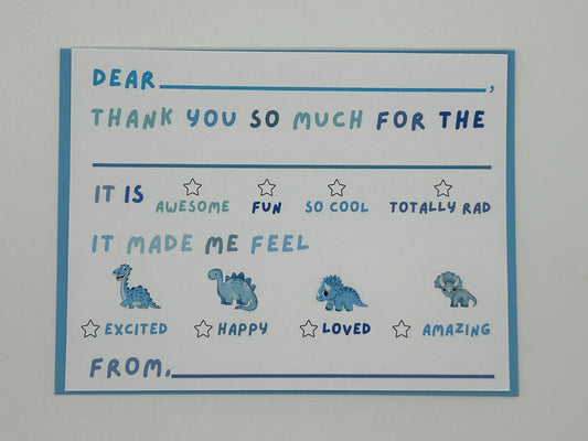 Dinosaur Thank You Notes, Fill in the Blank Thank You Notes, Dinosaur, Blue, or Primary Colors, Heavy Card stock with accompanying envelopes